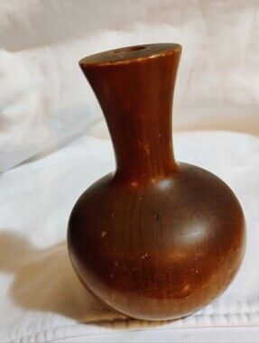 Vintage Hand Turned Wood Bud Vase Mid Century Modern Unmarked Bulbous MCM Small